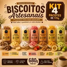 Kit 4 Biscoitos Artesanais Sortidos 170g Cada Cookies Rosquinhas Bolachas e Bolinhos Amanteigados Café e Lanches