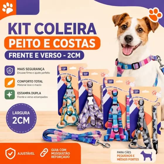Kit Coleira Peitoral Peito e Costas 2cm Frente e Verso + Guia Para Cachorro
