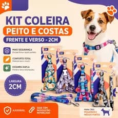 Kit Coleira Peitoral Peito e Costas 2cm Frente e Verso + Guia Para Cachorro