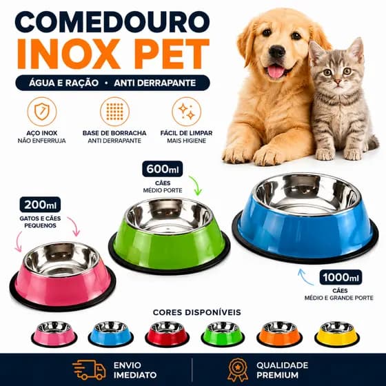 Comedouro Inox Anti Derrapante Cachorro Gato Pote Água Ração 200ml 600ml 1000ml