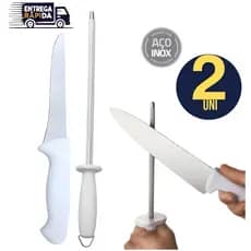 KIT 02 Unidades - Faca linha Top Chef Inox Premium Cabo Branco + Chaira 10" Afiador Amolador de Facas Inox Variáveis