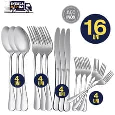 Conjunto Jogo Kit 16 Peças Talheres Inox 4 Garfo 4 Faca 4 Colher 4 Garfo sobremesa Linha Premium Inox Cozinha