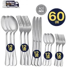 Kit 60 Talheres 100% Inox 12 Garfo 12 Faca 12 Colher 12 Garfo sobremesa 12 Colher sobremesa Linha Premium Inox Cozinha