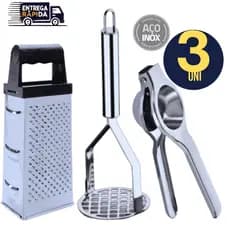 Kit 03 Peças - Espremedor de Limão Premium + Amassador de Batatas Linha Inox + Ralador 4 faces 7"  Legumes Verduras Casa