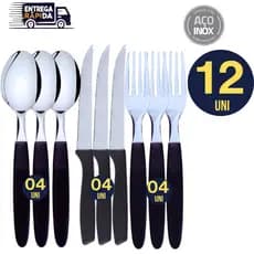 Jogo de Talheres 12 peças Preto ou Vermelho Aço Inox 04 Facas 04 Garfos e 04 Colheres de Mesa Casa Para Cozinha