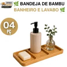 Bandeja de Bambu para Banheiro e Lavabo Porta Sabonete Líquido Joias Decoração Kit 4, 3, 2 ou 1 Peça