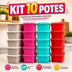 Kit 10 Potes Retangular | Marmita | Freezer e Micro-ondas | BPA Free armário cozinha ARMAZENAMENTO DE ALIMENTOS