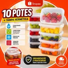 Potes Plásticos com Trava Hermética Kit 10 Peças Livre de BPA Marmita Organização Cozinha 800ml