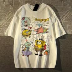 Camiseta Branca Unisex, Design Personagens de Bob Esponja Estiloso Texto "Dengfuyun" Bob Esponja New