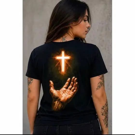 Camiseta Cruz e mão Estampa personalizada Blusa 100% Algodão sucesso de vendas