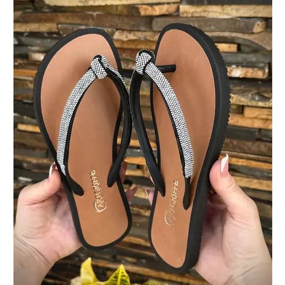 Chinelo Feminino Bico Redondo Rasteirinha Brilho Conforto Nozinho Macio Verão Praia Nó