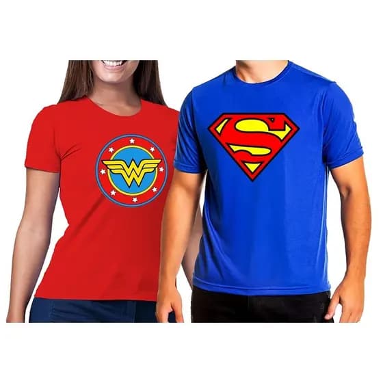 Kit Casal Crush Camisetas casalzinho Super Herói Super Man e mulher Maravilha 100% algodão