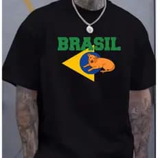 Camiseta Preta Algodão Brasil Bandeira Brasileira Cachorro Caramelo Brasilidades da moda