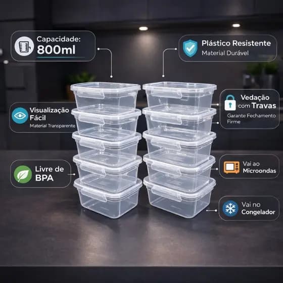 Kit 10 Potes 800ml Com Travas Laterais Transparente Empilhável Plástico Resistente Marmita Alimentos