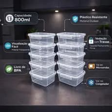 Kit 10 Potes 800ml Com Travas Laterais Transparente Empilhável Plástico Resistente Marmita Alimentos