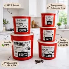 Kit 5 Potes Mantimentos Armazenar Alimentos Plástico Redondo BPA Free Cozinha