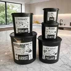 Kit 5 Potes Mantimentos Redondo Plástico Decorado Armazenar Alimentos