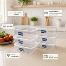 Kit Potes 4 Litros Transparente BPA Free Plástico Reutilizável Armazenar Alimentos