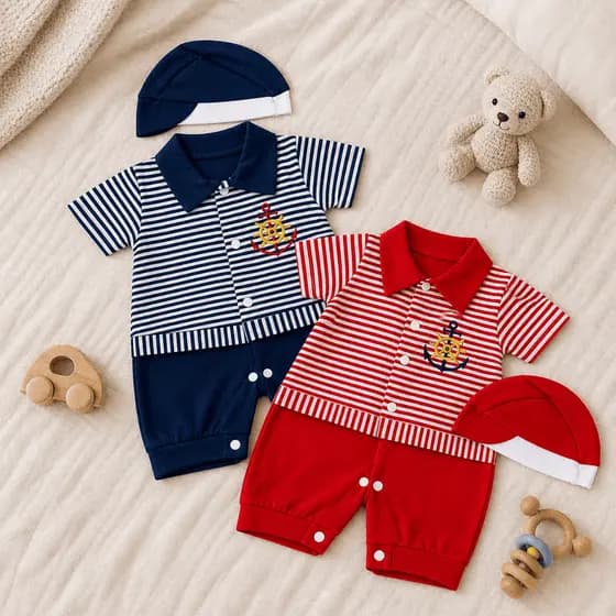 Macacão Bebê Marinheiro Azul Vermelho com Touca RN 0 a 3 Meses Infantil Masculino Confortável
