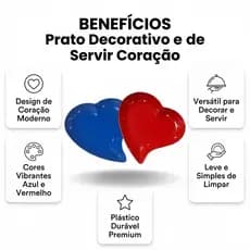 Prato de Coração Decorativo Resistente Petiscos Saladas Sobremesas Plástico Moderno Vermelho Azul