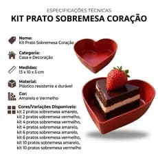 Vasilha Sobremesa Coração Plástico Resistente para Doces Bolos Frutas Mesa Decorada Vermelho Amarelo