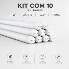 Kit c/ 10 Lâmpadas LED Tubular T8 18W 120cm Branco Frio