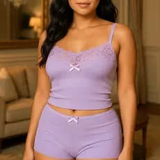 Baby Doll Canelado Com Renda Confortável Romântico