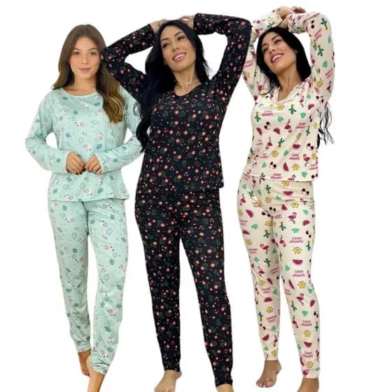 Kit 3 Pijama Estampado Feminino Longo Inverno Manga Comprida Adulto Frio Dormir Suede Conjunto