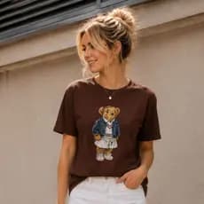 T-Shirt Feminina Ursa Jaqueta E Saia Moda Casual 100% Algodão Premium Confortável Blusa Estampada