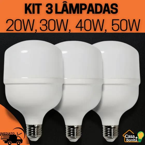 Kit 3 Lâmpadas LED Bulbo E27 Ultra Potência 20W 30W 40W 50W Bivolt Branco Frio 6500K Econômica