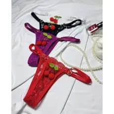 Kit 3 Tangas Fio Dental Rendadas Cereja Com Coração Em Metal