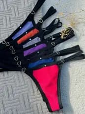 KIT  Calcinha Mini Tanga Canelada Com Regulagem De Coração Coloridas Com Viés Preto