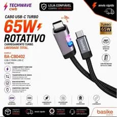 Cabo USB-C 65W Basike Turbo PD Tipo C Para Tipo C 1,2 Metro Reforçado Fast Charge