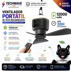 Ventilador Portátil de Teto Recarregável com Controle Remoto | 30h de Bateria | Luz Noturna | 3 Velocidades