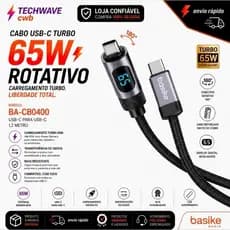 Cabo USB-C 65W Basike BA-CB0400 Rotativo 180° PD Turbo Tipo C Reforçado 1,2m