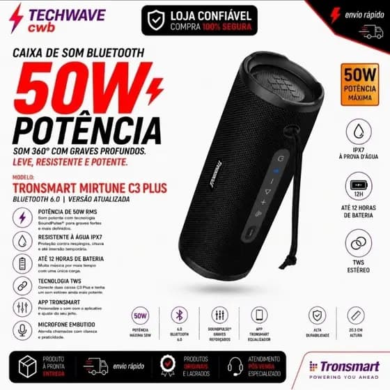 Caixa de Som Bluetooth Tronsmart Mirtune C3 Plus 50W BT6 Auracast™ IPX7