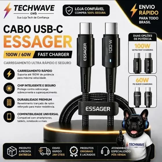 Cabo USB-C Essager 100W ou 60W PD 3 metro SUPER RÁPIDO ⚡ Tipo C para MacBook Samsung Xiaomi Turbo