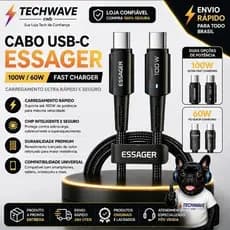 Cabo USB-C Essager 100W ou 60W PD 3 metro SUPER RÁPIDO ⚡ Tipo C para MacBook Samsung Xiaomi Turbo