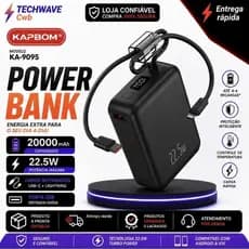 Power Bank Kapbom 20000mAh 22.5W Turbo KA-9095 Com Cabos Integrados USB-C Lightning Display Digital cor preto