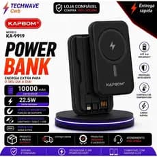 Power Bank Magnético Kapbom KA-9919 10000mAh 22.5W Com Cabos Integrados USB-C Lightning Suporte MagSafe Preto