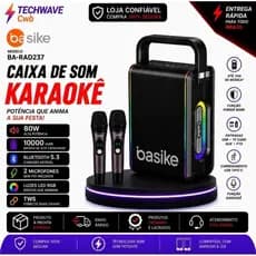 Caixa De Som Karaokê Basike BA-RAD237 80W Bluetooth 5.3 Com 2 Microfones Sem Fio RGB Power Bank