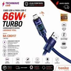 Cabo USB Tipo C 66W Turbo Basike BA-CBO117 Carregamento Rápido Display LED 1 Metro Reforçado