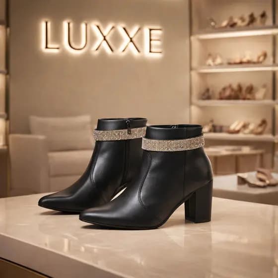 Bota Cano Curto enfeite de Strass Salto Médio Bico Fino
