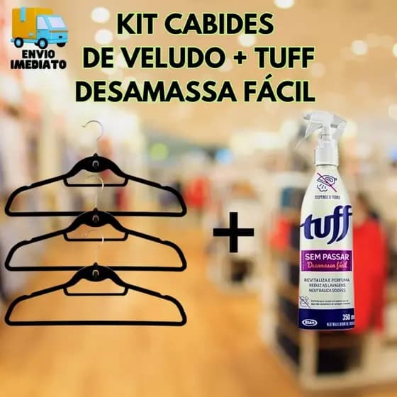 Cabides De Veludo Multifuncional 3 Unidades + Tuff Desamassa Fácil Para Roupas Sem Ferro