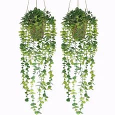 Planta Artificial Pendente com Cesto Trançado (Kit com 2), Plantas Artificiais com Folhas de Eucalipto e Trepadeiras,