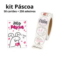 Kit 300 Unidades Feliz Páscoa | 50 Cartões Tam. 10x7 cm + 250 Adesivos Tam. 3,1 cm
