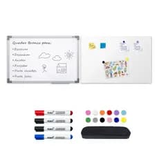 Lousa Quadro Branco UV 90x60 + Mural Metálico 90x60 com Ímãs e 4 canetas com Apagador