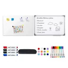 Lousa Quadro Branco + Mural Metálico 90x60 + Ímãs e 12 Canetinhas  com Apagador