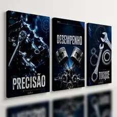 Kit3 Quadro Decorativo Oficina Mecânica Motor Carro Azul