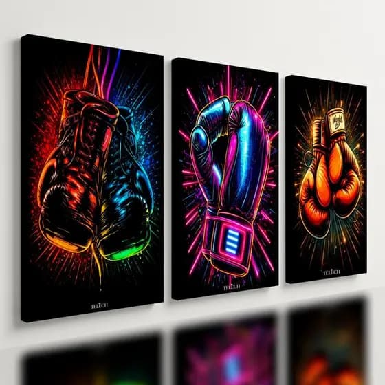 Kit 3 Quadro Decorativo Luva de Boxe Neon Academia Luta